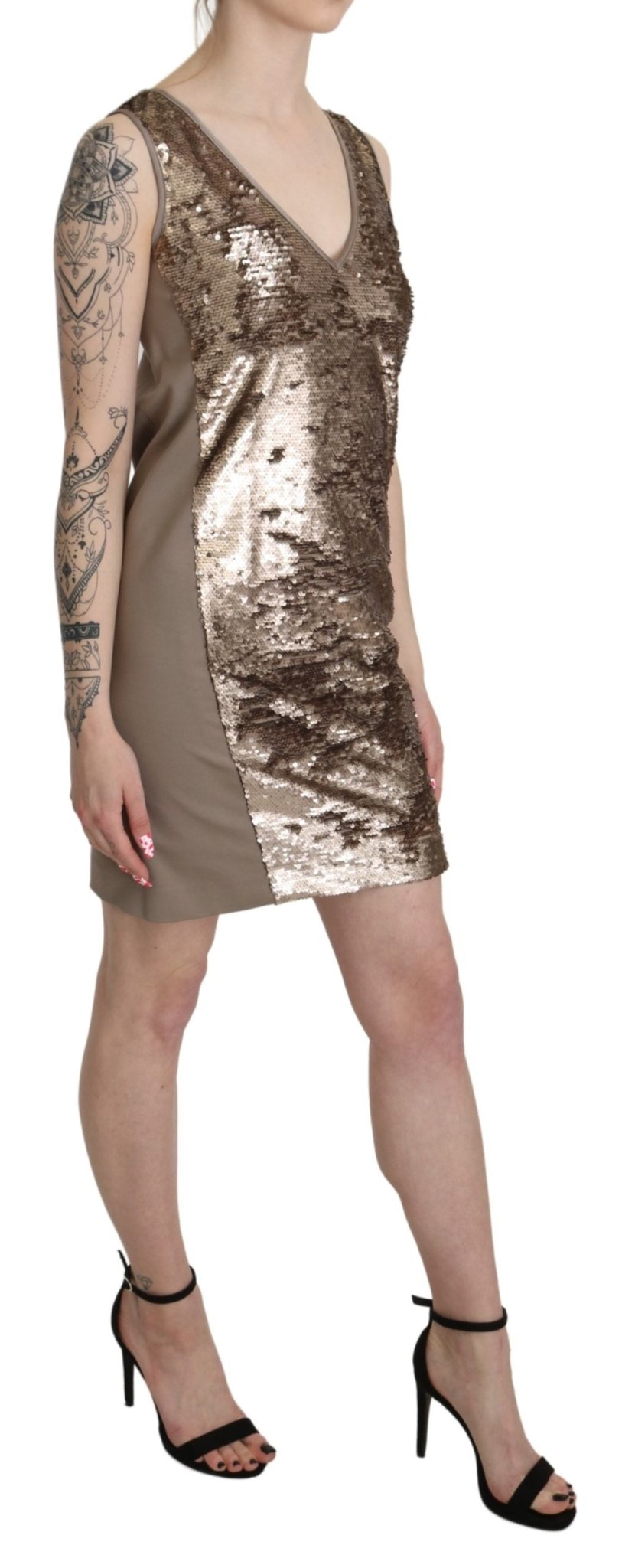 Liu Jo Brown Sequined V-neck Sleeveless Sheath Mini Dress - Fizigo