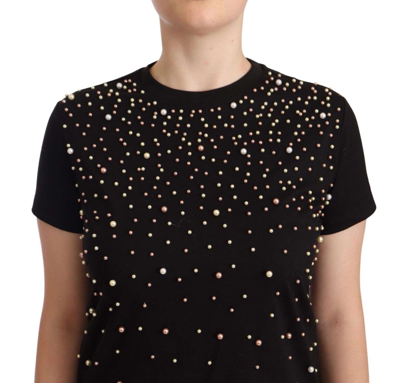 PINKO Black Cotton Short Sleeves Embellished T-shirt Jersey Top - Fizigo