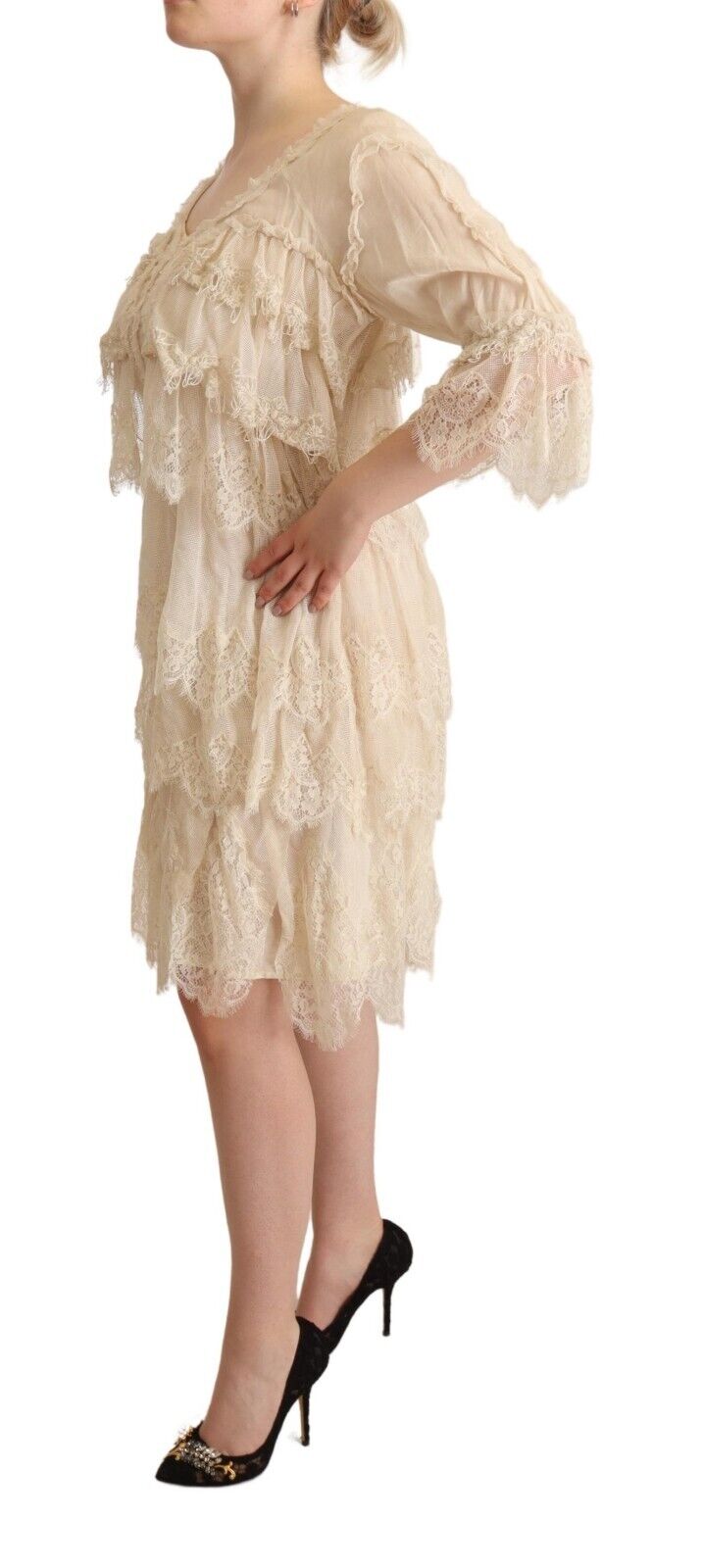 Twinset Beige 3/4 Sleeves Layered Lace Knee Length Dress - Fizigo