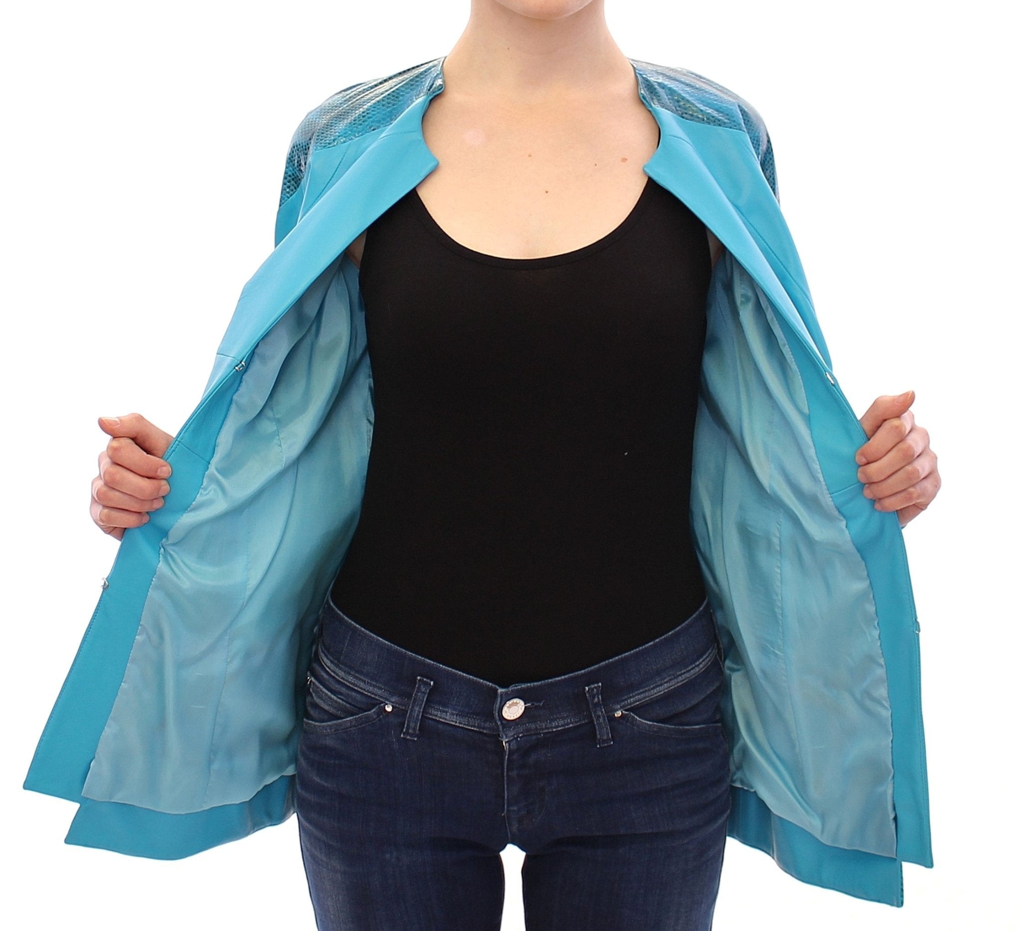 Vladimiro Gioia Blue Leather Snake Print Jacket - Fizigo